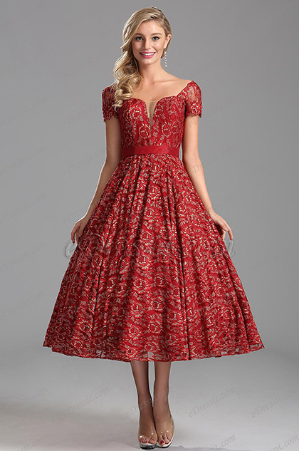 Robe de cocktail midi cache-coeur bordeaux manche court