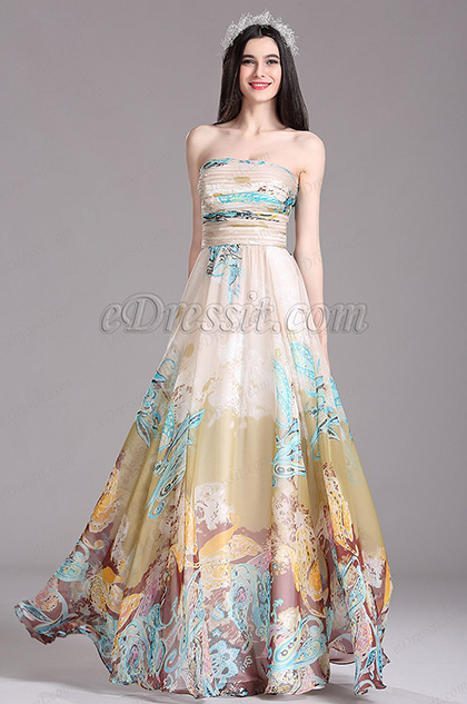 Beige Printed Strapless Long Summer Dress