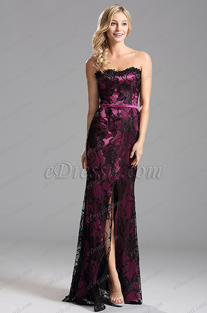 Floral Neckline High Slit Formal Dress Evening Dress