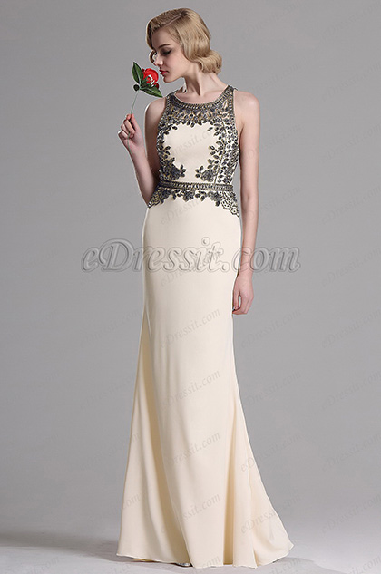 Beaded A Line Beige Prom Evening Dress