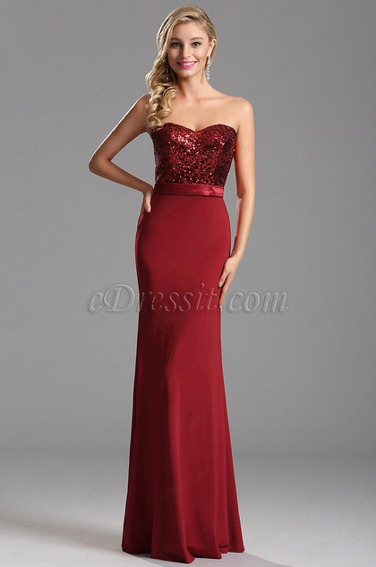 Strapless Sweetheart Red Sequin Evening Formal Gown