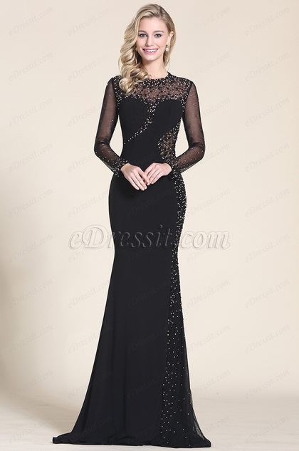 Black Long Sleeves Beaded Prom Dress Formal Gown