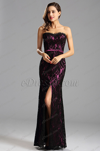 Hot Pink Overlace Slit Formal Dress Bridesmaid Dress