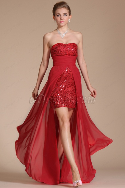 Red Strapless Beadings Evening Party Gown