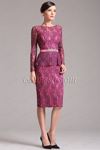 Stylish Long Sleeves Lace Hot Pink Mother of the Bride Dress