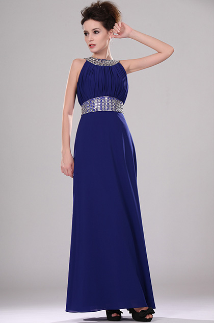 Beaded Halter Blue Evening Dress