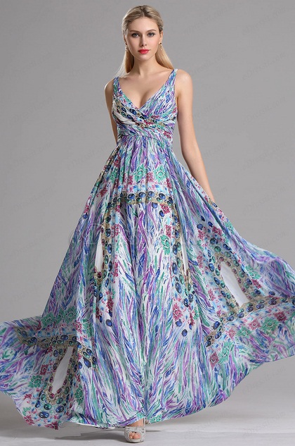 Two Straps V Neck Printed A Line Prom Evening Dress