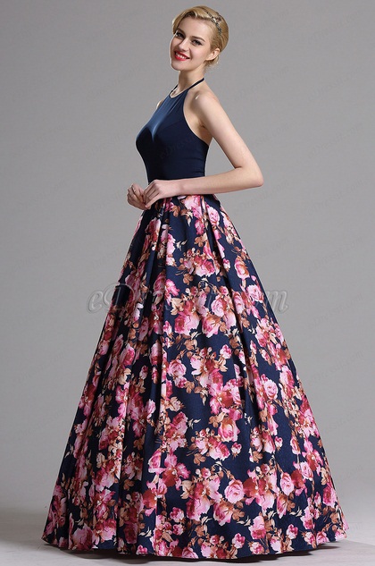 Halter Neck Floral Prom Evening Dress