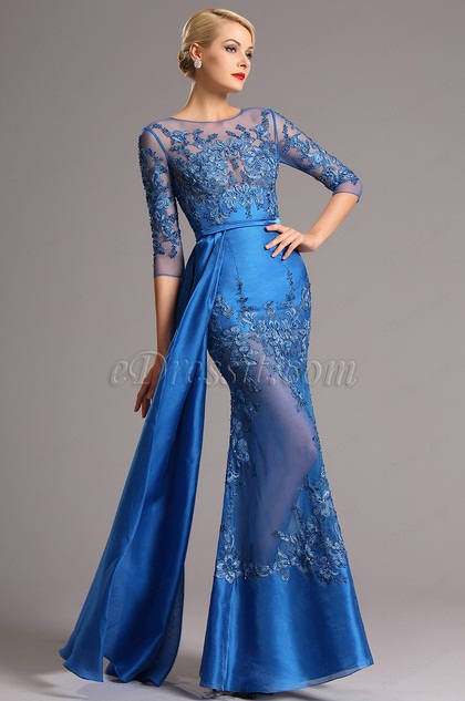 Half Sleeves Blue Embroidered Evening Dress Formal Gown