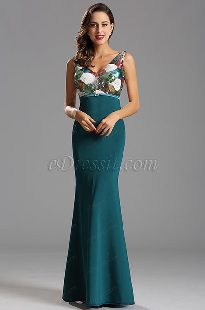 Plunging Neck Floral Sequin Bodice Formal Gown Long Dress