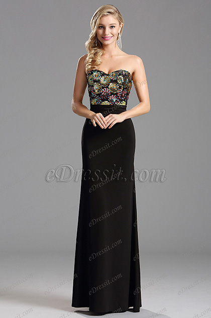 Strapless Floral Pattern Sequin Bodice Evening Formal Dress