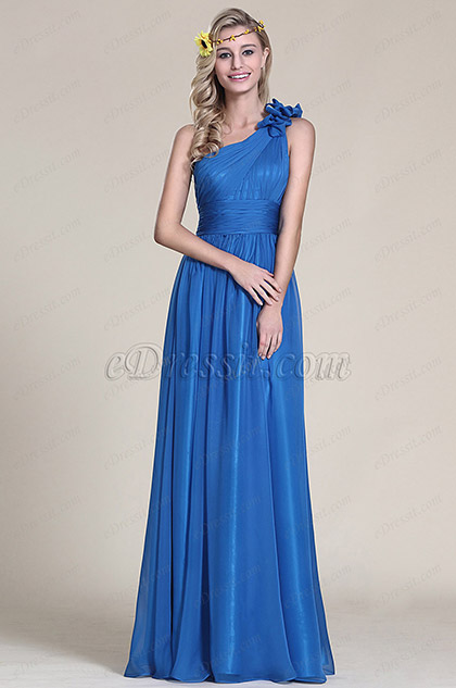 Floral One Shoulder Blue Bridesmaid Dress