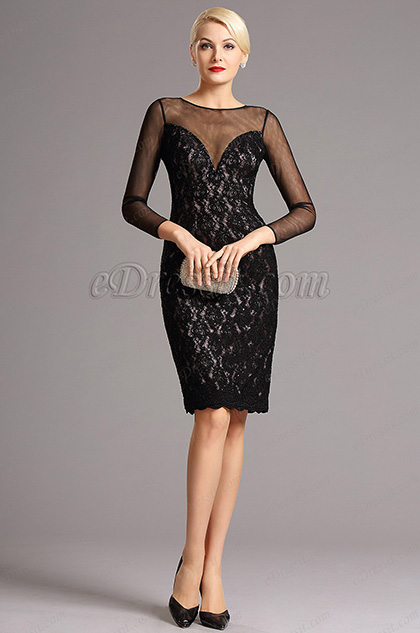 Black Lace Long Sleeves Short Cocktail Dress (26160400) - eDressit
