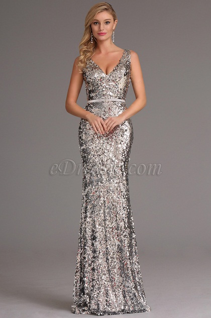 Plunging V Neck Sequin Silver Formal Dress Evening Dress