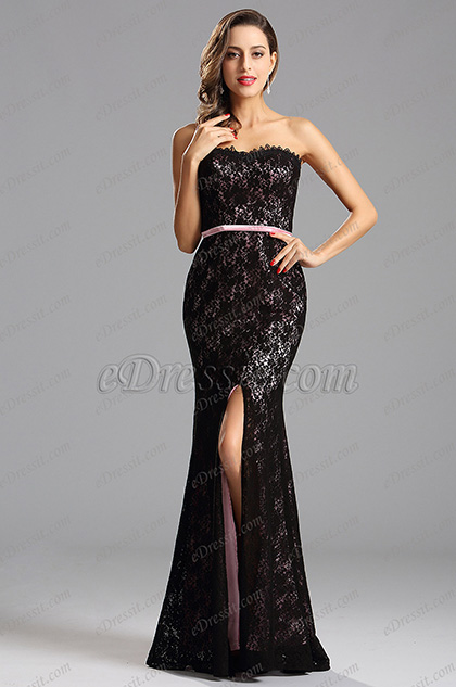 Strapless Pink Lace Formal Dress with High Slit