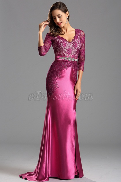 Langärmelig Pink formales Kleid Ballkleid