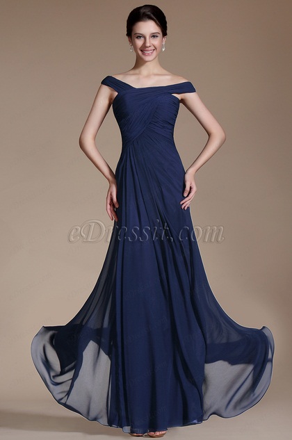 Robe de soirée longue bleu marine épaules dénudées