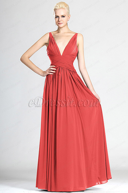 V-cut Red Evening Dress Bridesmaid Dress