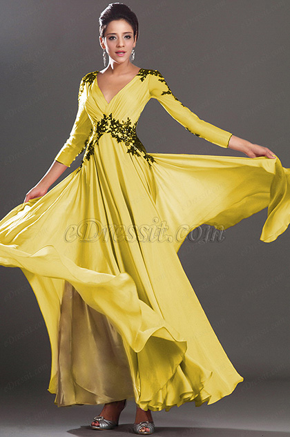 Stunning V Neck Yellow Evening Dress Prom Dress