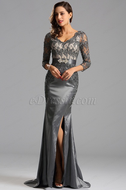 Vestido Formal para Madre Gris Corte V Mangas Largas Sirena