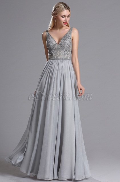 Grau V-Ausschnitt Abendkleid