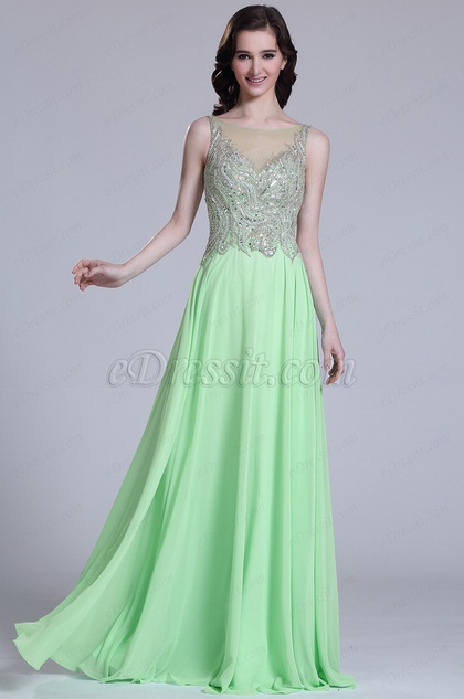 Elegant Ärmellos Perlen Minze Abendkleid