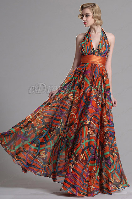 Open Back Halter Floral A Line Evening Dress