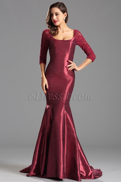 Robe de soirée sirène avec manches en dentelle bordeaux