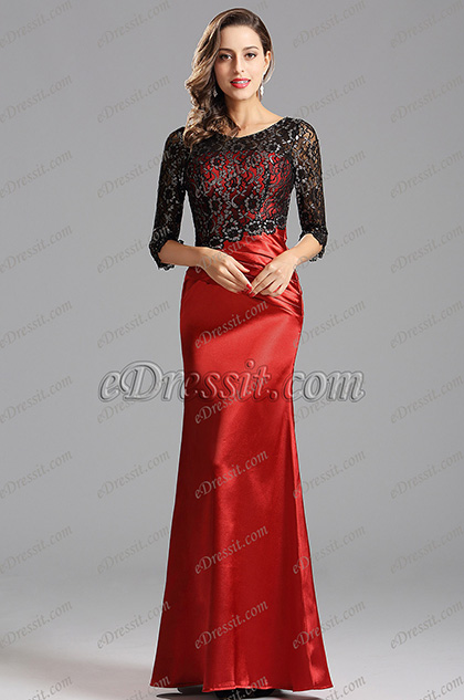 Robe de soirée sirène manche midi broderie rouge