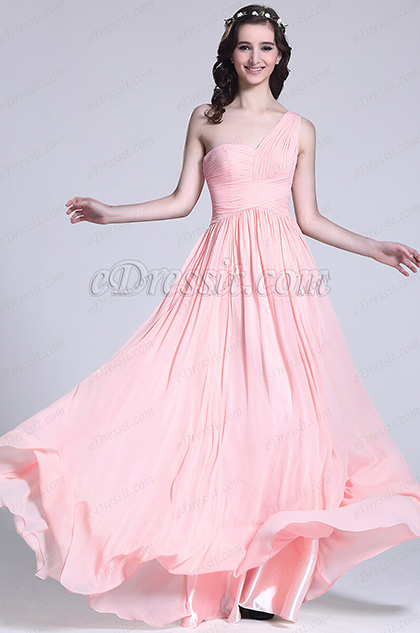 Pleated One Shoulder Pink Bridesmaid Dress Evening Dress