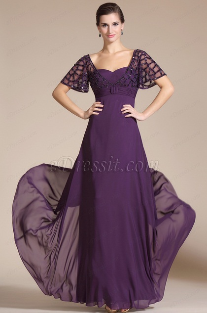 Purple Short Sleeves Empire Mother of the Bride Dress