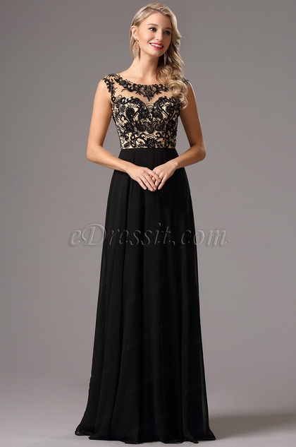 A Line Beaded Illusion Bodice Black Formal Dress