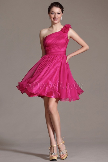 Floral One Shoulder Hot Pink Bridesmaid Dress Party Dress