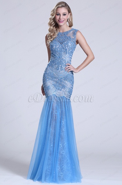 Gorgous Ärmellos Perlen Blau Prom Kleid