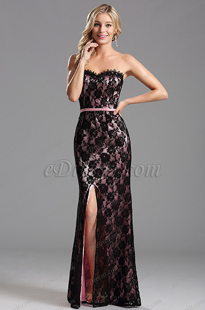 Pink Overlace Slit Evening Dress Formal Dress