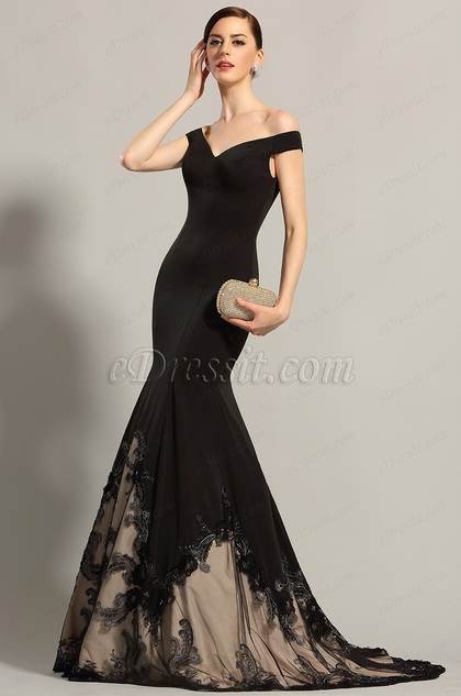 Off Shoulder V Neck Black Prom Dress Formal Gown