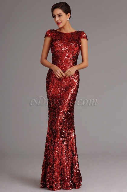 Stunning Capped Sleeves Burgundy Sequin Formal Dress Evening Dress