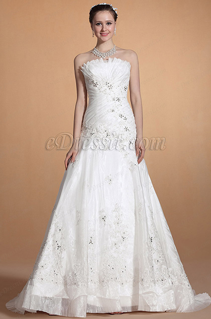 Robe de Mariée Sans Bretelle Dentelle Bijoux Perlés Chic