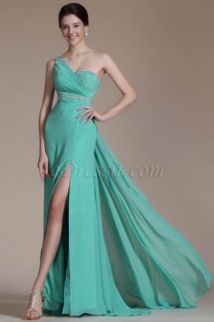 Turqoise One Shoulder High Split Evening Dress