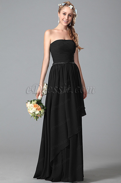 Strapless Black Bridesmaid Dress With Asymmetric Hem