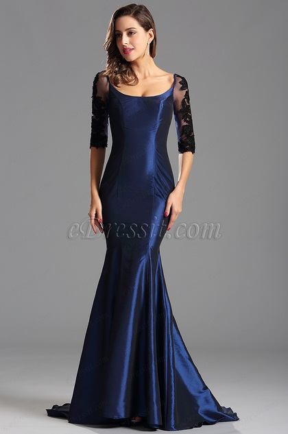 Half Lace Sleeves Trumpet Blue Formal Dress Evening Gown