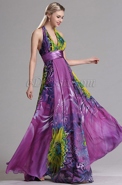 Halter Plunging Floral A Line Prom Evening Dress