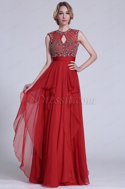 Robe de bal longue rouge sans manche avec perles