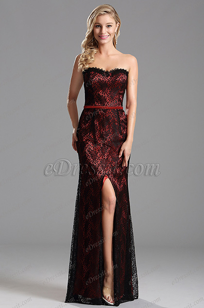 Robe de soirée longue bustier  en dentelle bordeaux