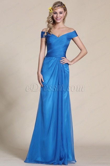 Auf Schulter Blau Brautjungfernkleid Formal Kleid