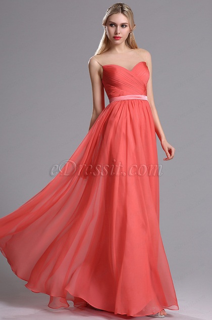 Coral Sweetheart Neckline Ruched Bridesmaid Dress