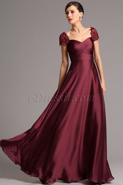 Embroidered Capped Sleeves Burgundy Long Formal Dress