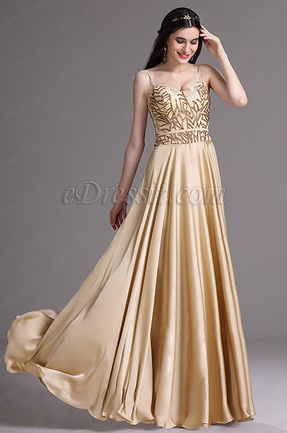 Gold Spaghetti Sequins Lace Prom Dress Ball Gown