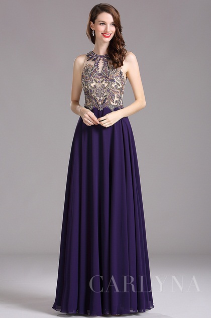 Carlyna Purple Sleeveless Beaded Prom Evening Gown