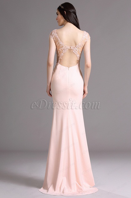 Pink Cap Sleeves Formal Gown with Lace Appliques